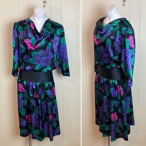 COPY - Vintage 80s 90s Cowl Neck Floral Drop Waist Party Dress Medium Golden Gi…